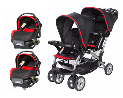 Baby Double Stroller with 2 Car Seats Travel System Twin Combo New Black Red