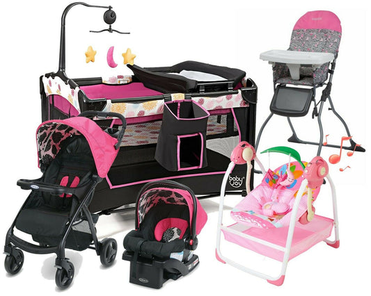 Pink Baby Stroller with Car Seat Travel System Playard High Chair Infant Swing