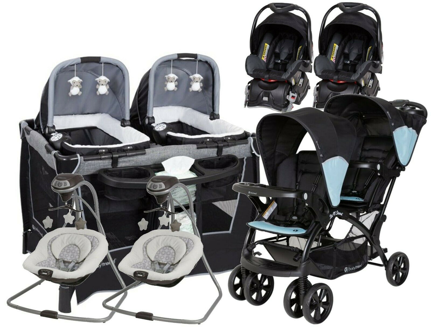 Baby Double Stroller Travel System with 2 Car Seats Twin Playard 2 Infant Swings