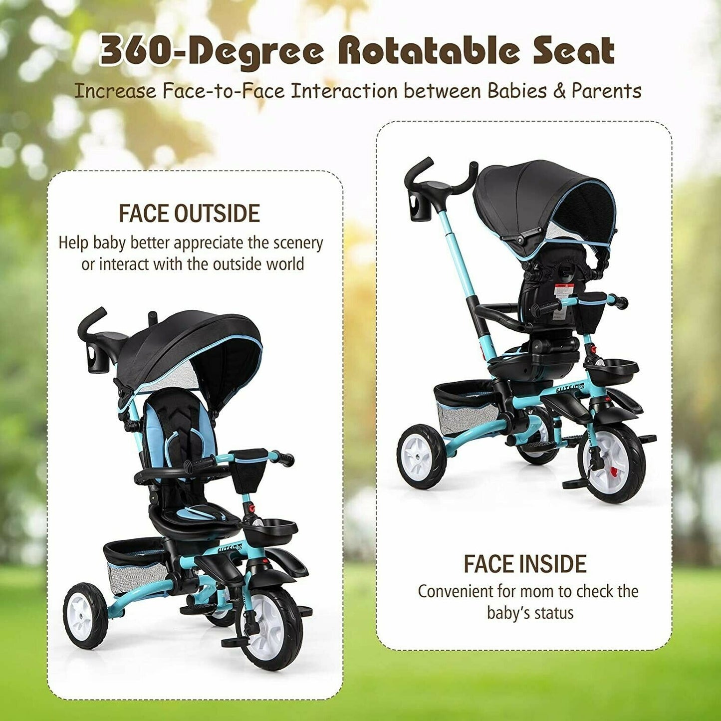 Baby Tricycle, 7-in-1 Kids Boys Folding Steer Stroller w/ Rotatable Seat