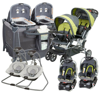 Twin Baby Double Stroller with 2 Car Seat 2 Infant Swings Playard Nursery Combo