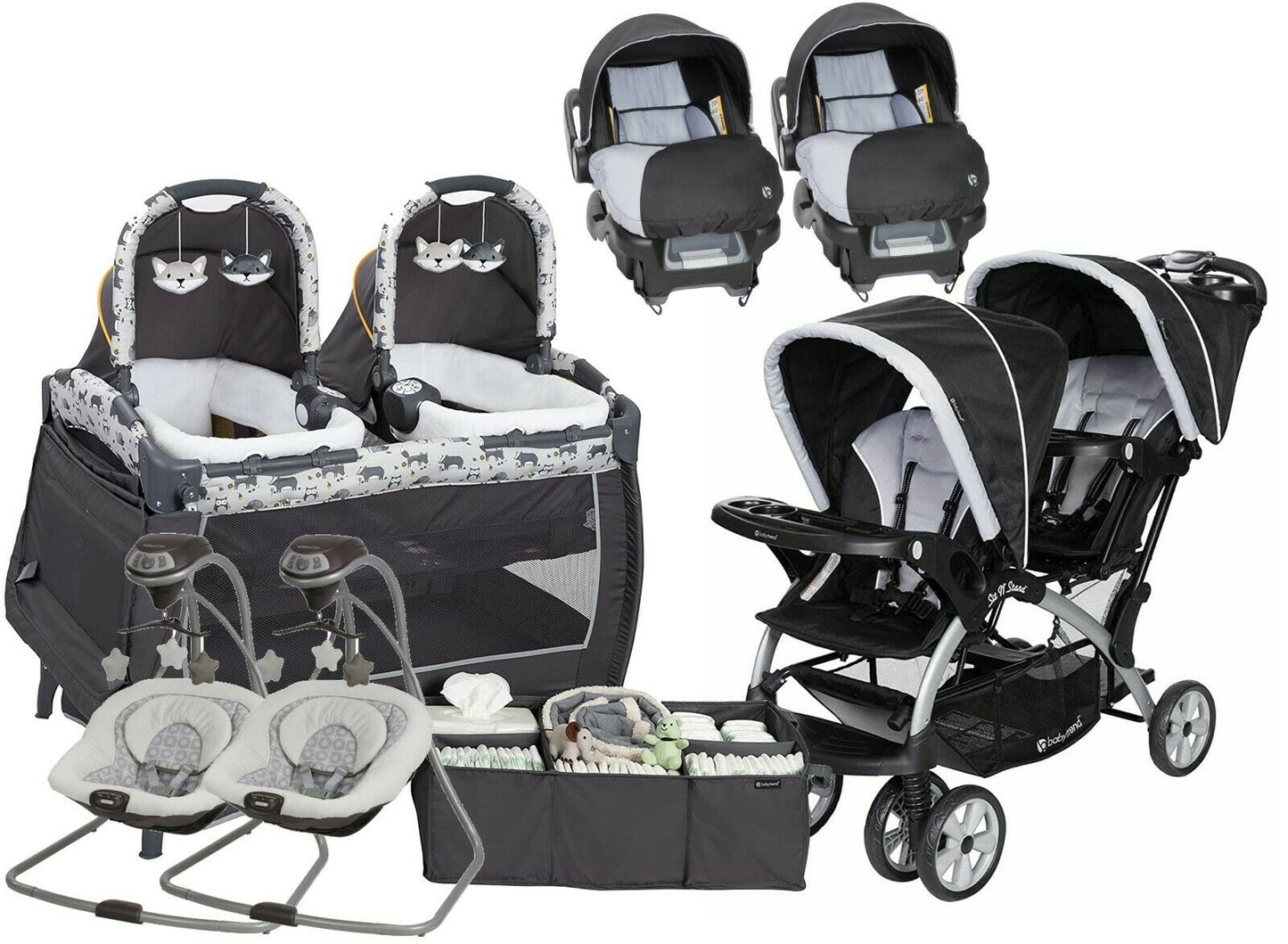 Double Baby Stroller with 2 Car Seats 2 Infant Swings Twin Newborn Playard Combo