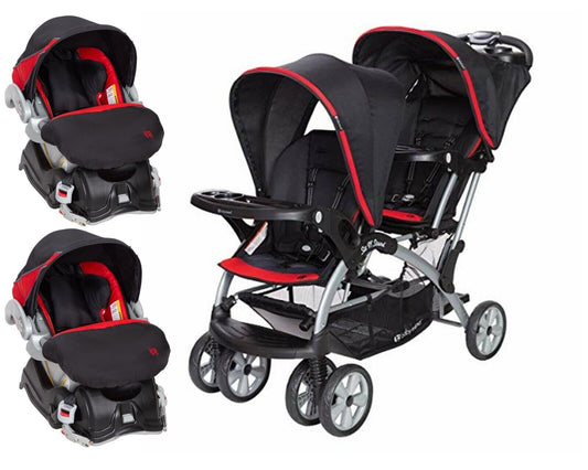 Baby Double Stroller with 2 Car Seat Twins Travel System Infant Combo Black-Red