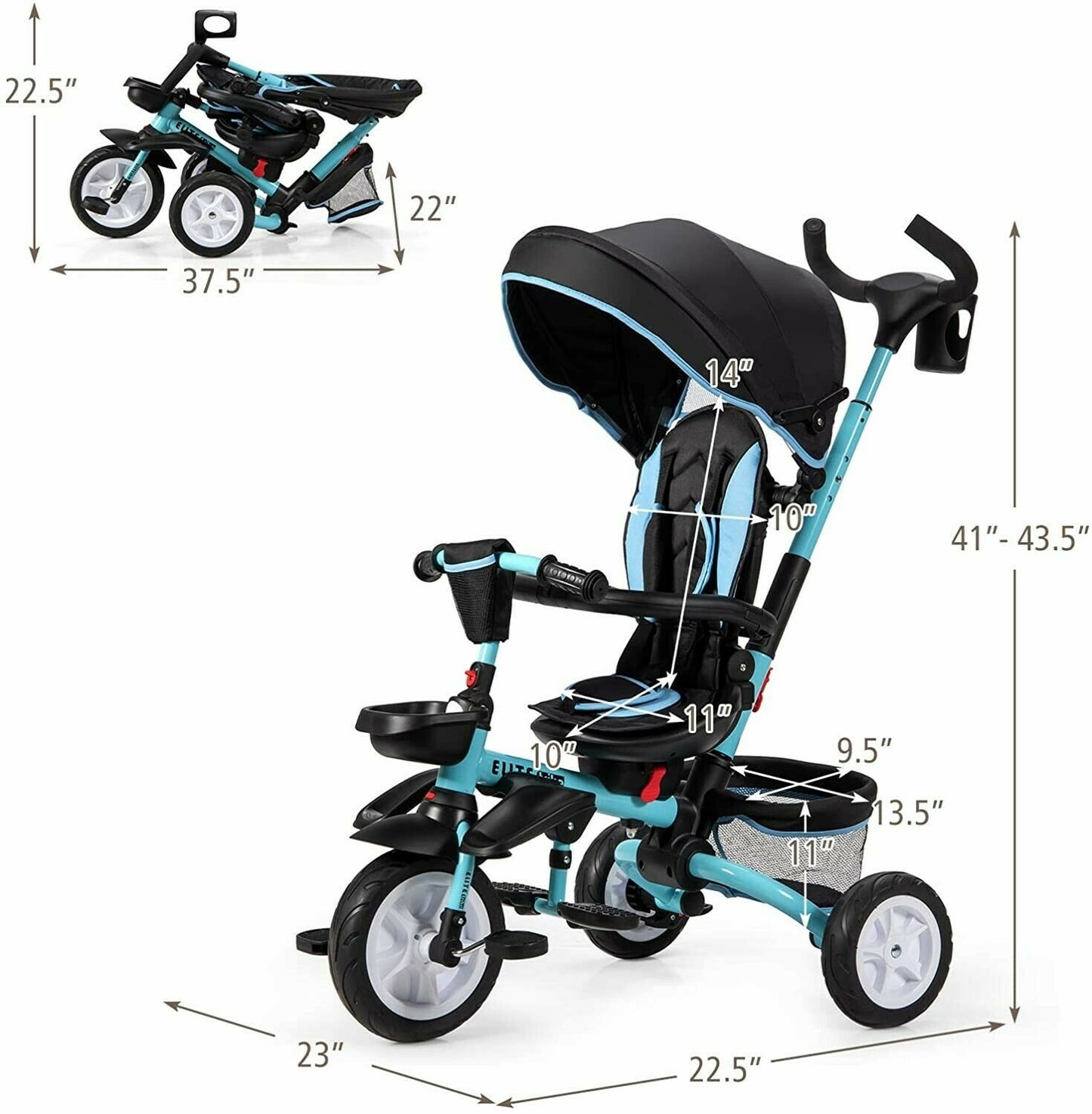 Baby Tricycle, 7-in-1 Kids Boys Folding Steer Stroller w/ Rotatable Seat