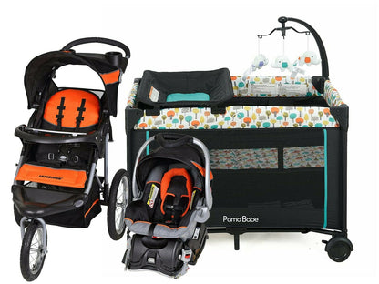 Orange Baby Jogger Stroller with Car Seat Infant Toddler Playard Combo Set