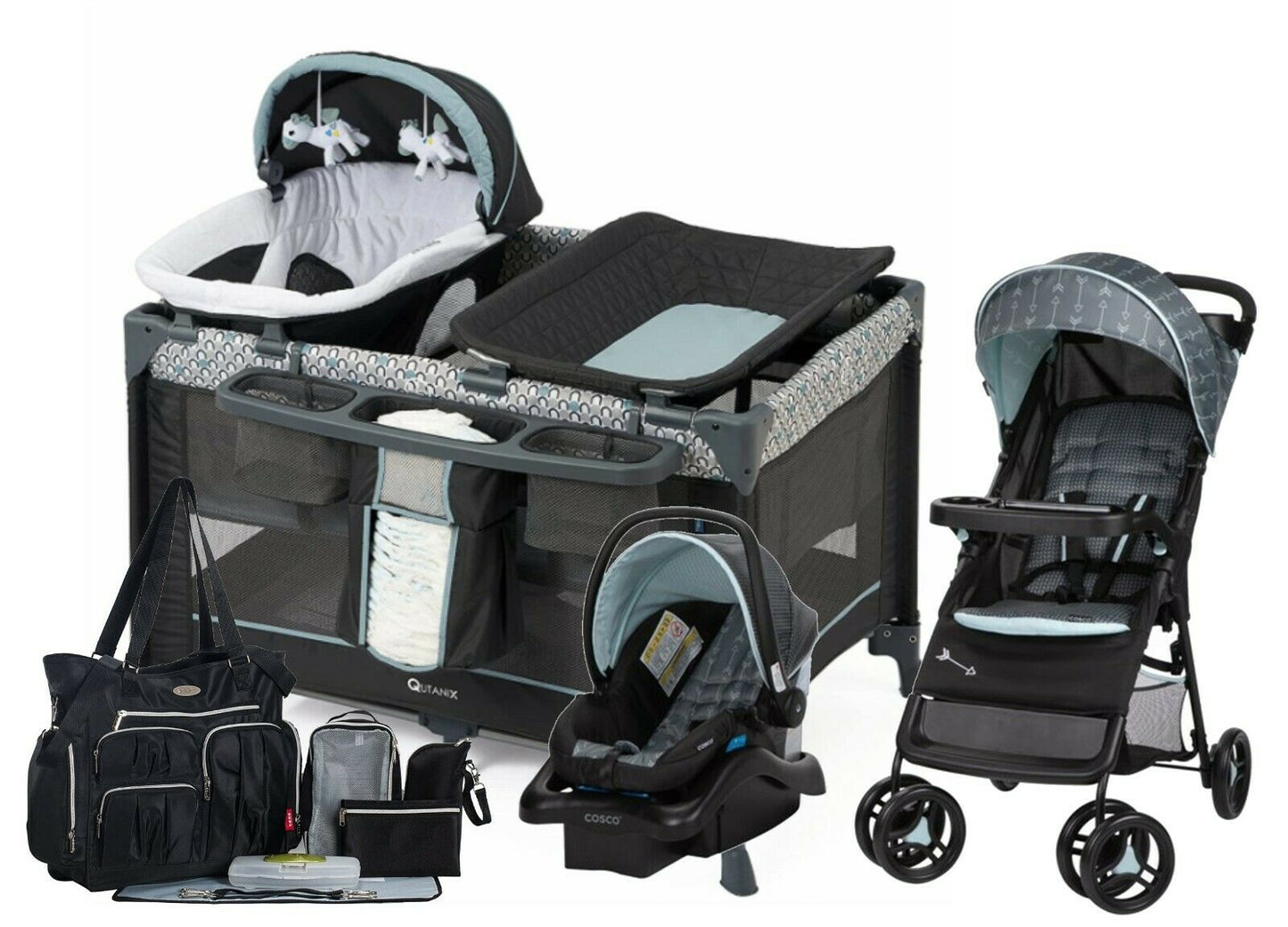 Baby Stroller Car Seat Travel System with Infant Playard Diaper Bag Combo