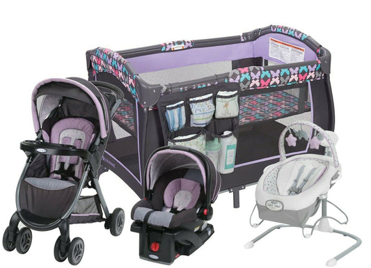 Graco FastAction Baby Stroller with Car Seat Playard Swing Bouncer Travel Combo