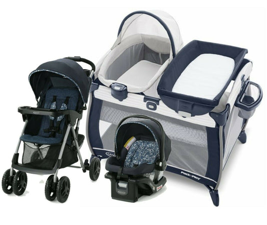 Graco Baby Stroller with Infant Car Seat Travel System Playard Crib Combo Blue