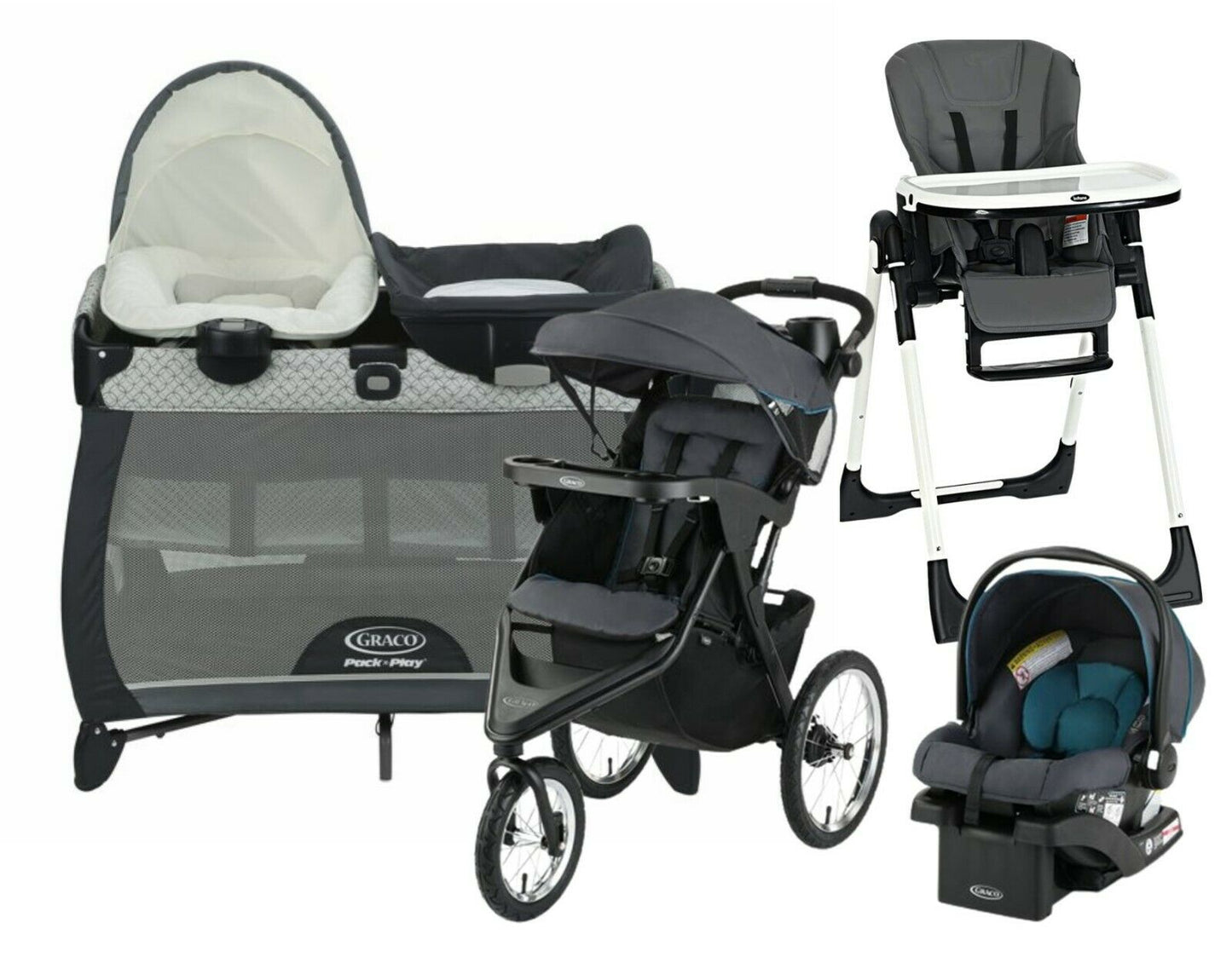 Graco Baby Jogger Stroller with Car Seat High Chair Playard Travel System Combo