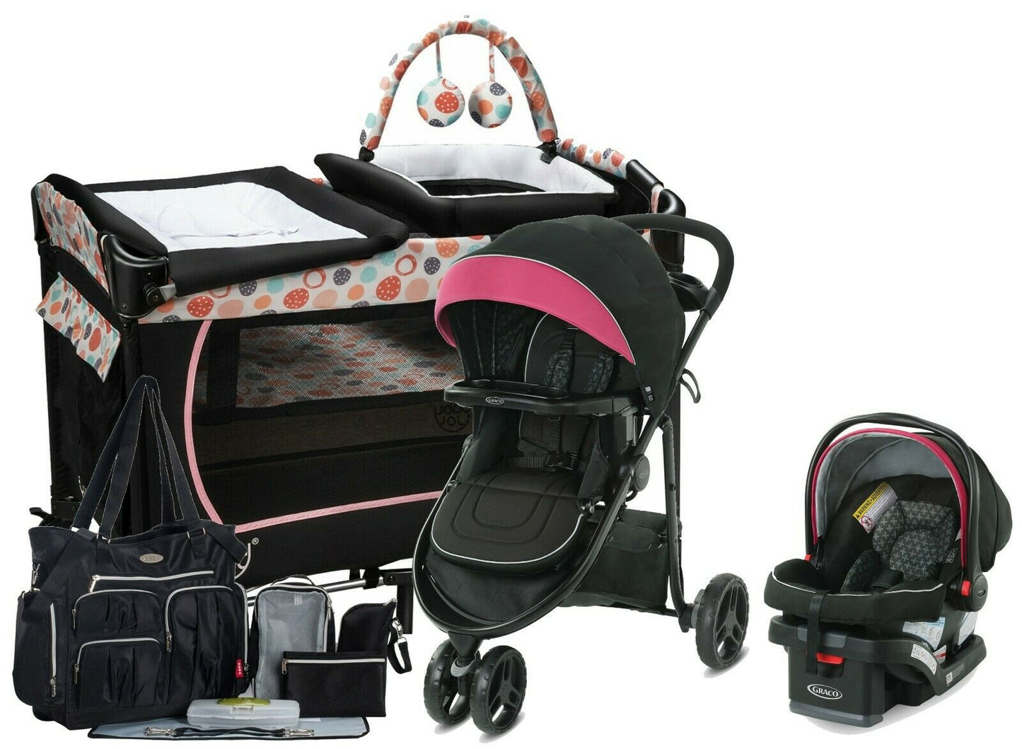 Graco Modes 3 Lite DLX Travel System Car Seat Diaper Bag Playard Girls Combo