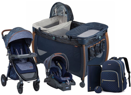 Baby Stroller with Car Seat Travel System Blue Combo Diaper Bag Playard Set