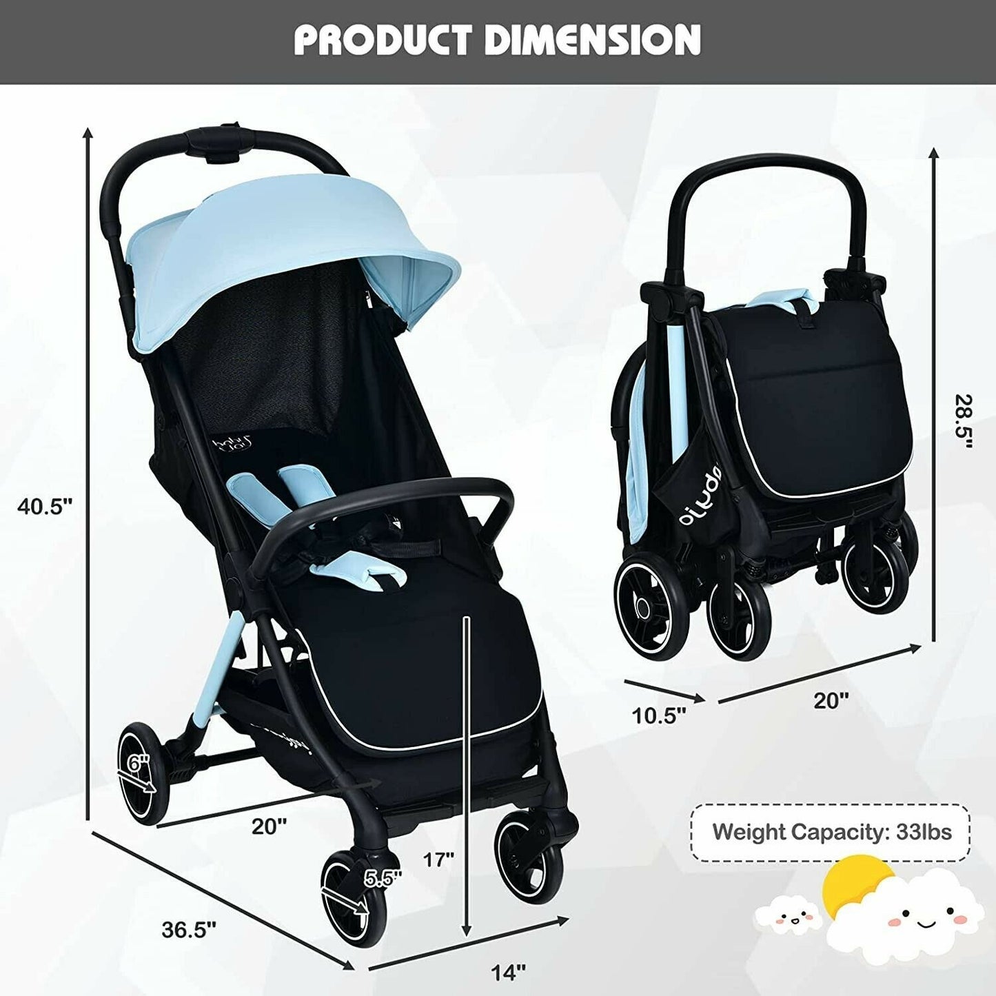 Lightweight Baby Stroller Foldable Compact Travel Stroller for Airplane - New