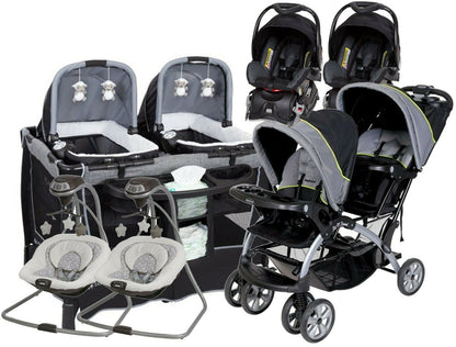 Baby Trend Double Stroller 2 Car Seats 2 Infant Swing Twin Playard Basinet Combo