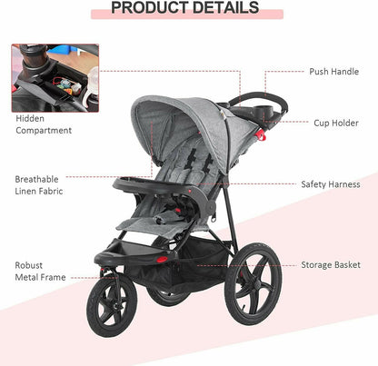 Foldable Baby Stroller Carriage Jogger for Toddler with Adjustable Backrest Grey