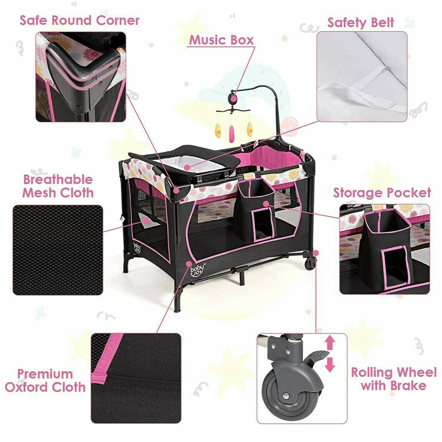 Newborn Baby Stroller with Car Seat High Chair Playard Travel System Combo Pink