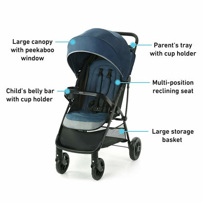 Graco Lightweight Baby Stroller Travel System with Car Seat Combo Blue