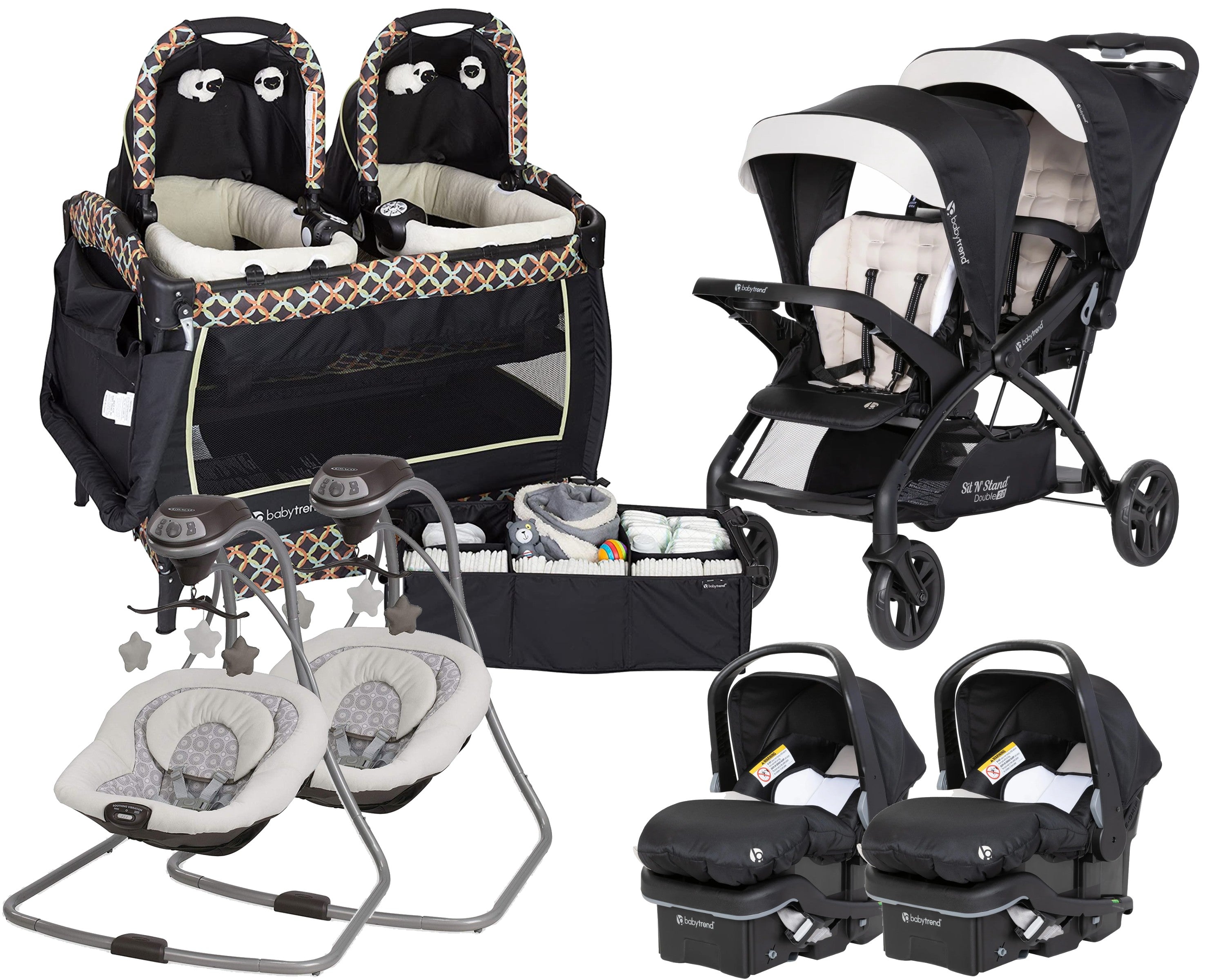 Twin stroller with two car outlet seats