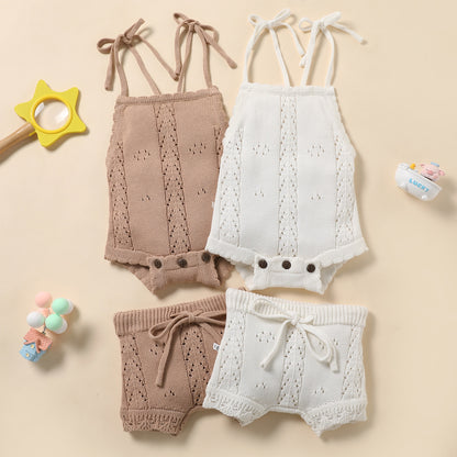 Kids Baby Clothes for Newborn Baby Boys Girls Solid Lace-up Knitted Backless Rompers Drawstring Shorts Beach Outfits Sets