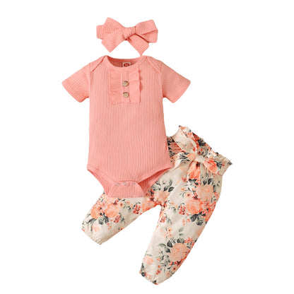 Fashion Baby Girl Short Sleeve Ruffle Romper 3Pcs Outfit