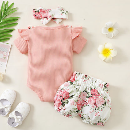 Fashion Baby Girl Short Sleeve Ruffle Romper 3Pcs Outfit