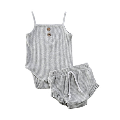 Kids Baby Clothes for Newborn Baby Boys Girls Solid Lace-up Knitted Backless Rompers Drawstring Shorts Beach Outfits Sets